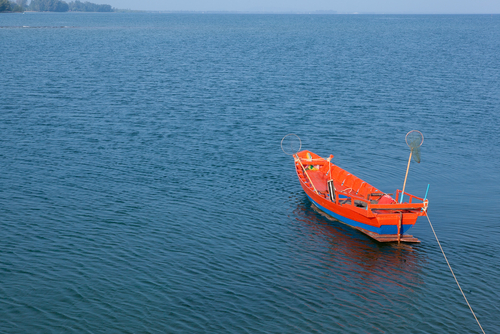 anchored boat in water